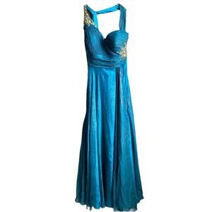 Cache Silk Embellished Beaded Gown Dress Long Teal Gold Prom 8 Leopard Print